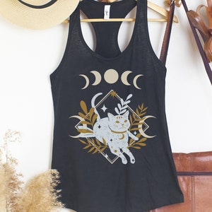 Mystical Cat Shirt | Triple Moon Tank Top | Celestial Shirt | Witchy Clothing | Salem Witch Mystical Shirt | Boho Aesthetic Moon Phases