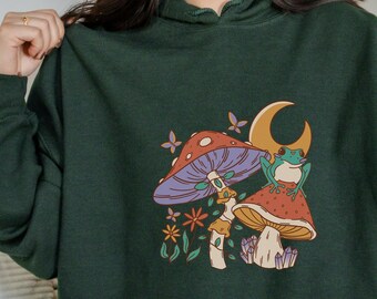 Dark Cottagecore Mushroom Hoodie | Fairy Kei Grunge Fairycore | Cottagecore Fairy Core Mushroom Clothing | Goblincore Kawaii Frog