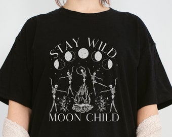 Stay Wild Moon Child Dancing Skeletons Graphic Tee | Moon Phases Oversized Tee | Tarot Card Shirt Occult Clothing | Plus Size Witchy Moon