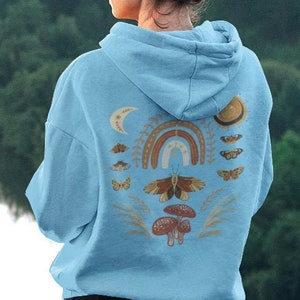 Celestial Boho Hoodie Fairycore Cottagecore Shirt Aesthetic Meadow Colors Mushroom Sweater Oversized Botanical Shirt Aesthetic Boho Rainbow