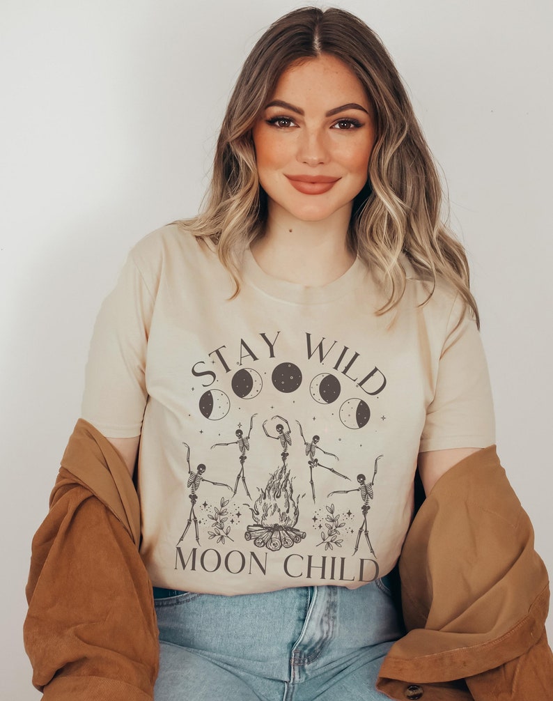 Stay Wild Moon Child Celestial Shirt Dancing Skeletons Graphic Tee Witchy Shirt Oversized T Shirt Plus Size Witchy Clothing image 2