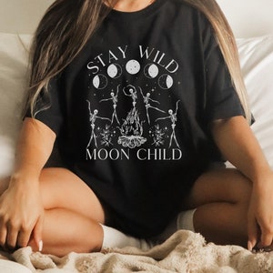 Stay Wild Moon Child Celestial Shirt Dancing Skeletons Graphic Tee Witchy Shirt Oversized T Shirt Plus Size Witchy Clothing image 3