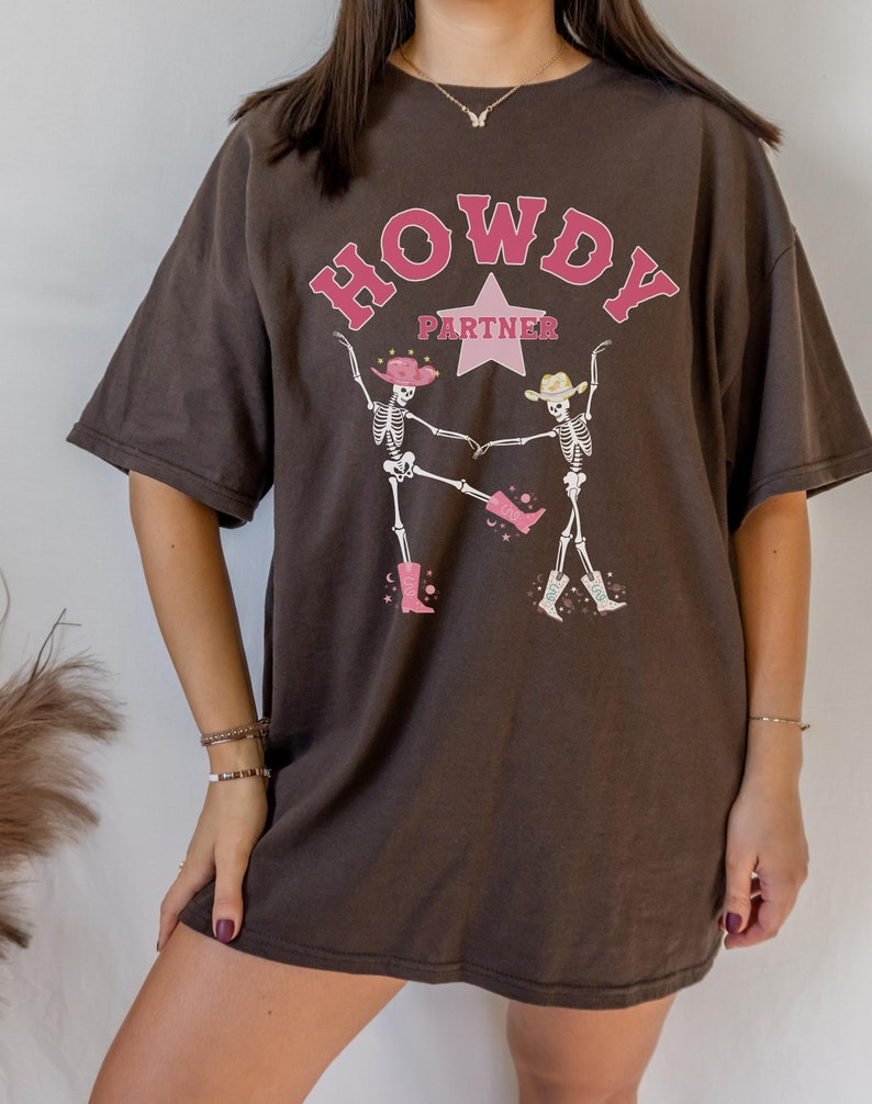 Howdy Partner Skeleton Shirt Dancing Skeletons Western Graphic Tee Country Music Shirt Oversized T Shirt Space Cowgirl Southwest image 2