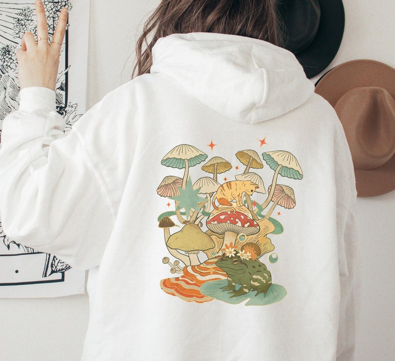 Green Mushroom Hoodie Oversized Hoodie Mystic Cat Moon Hoodie Frog Hoodie Witchy Goblincore Aesthetic Hoodie Trendy Hoodie image 2