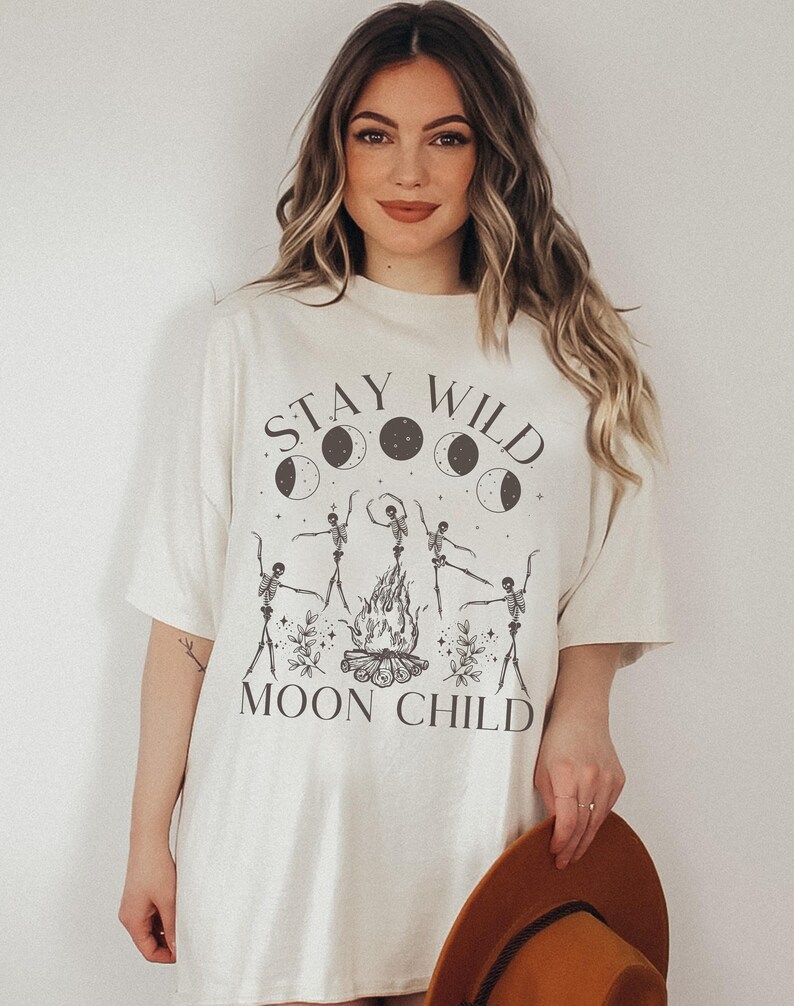 Stay Wild Moon Child Celestial Shirt Dancing Skeletons Graphic Tee Witchy Shirt Oversized T Shirt Plus Size Witchy Clothing image 1