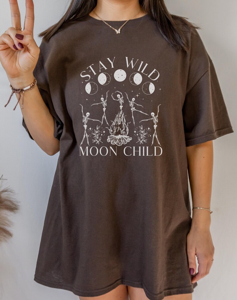 Stay Wild Moon Child Celestial Shirt Dancing Skeletons Graphic Tee Witchy Shirt Oversized T Shirt Plus Size Witchy Clothing image 1