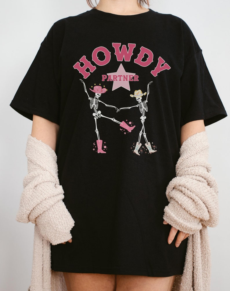 Howdy Partner Skeleton Shirt Dancing Skeletons Western Graphic Tee Country Music Shirt Oversized T Shirt Space Cowgirl Southwest image 4