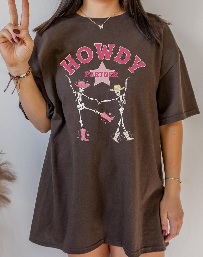 Howdy Partner Skeleton Shirt Dancing Skeletons Western Graphic Tee Country Music Shirt Oversized T Shirt Space Cowgirl Southwest image 1