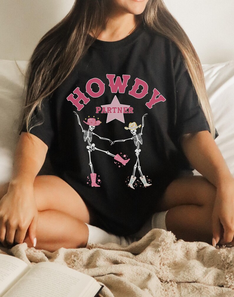 Howdy Partner Skeleton Shirt Dancing Skeletons Western Graphic Tee Country Music Shirt Oversized T Shirt Space Cowgirl Southwest image 3