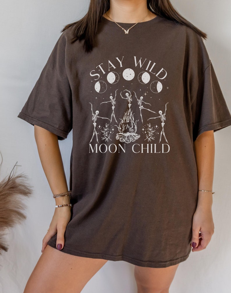 Stay Wild Moon Child Celestial Shirt Dancing Skeletons Graphic Tee Witchy Shirt Oversized T Shirt Plus Size Witchy Clothing image 2