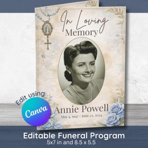 Plantilla de programa funerario católico / Folleto de servicio conmemorativo editable / Acuarela de rosas azules / Obituario y programa de misa imprimibles / Canva