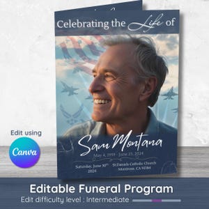 Può includere: Un programma funebre blu navy con il testo "Celebrating the Life of" e il nome "Sam Montana". Il programma include una foto di un uomo sorridente, le date 4 maggio 1959 - 23 giugno 2024 e il testo "Editable Funeral Program".