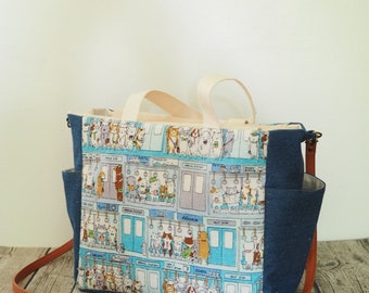 Japanese vintage Cat pattern Shoulder Bag Handbag with Adjustable Strap, personalized gift
