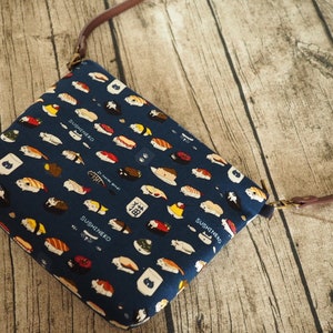 Cute Japanese sushi cat Shoulder Zipper Sling Bag shoulder bag crossbody bag with PU adjustable strap, personalised gift for cat lover