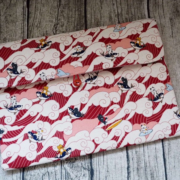 Handmade Japanese Vintage Cat laptop bag, book sleeve, device protection case for ipad, kindle, switch, laptop, Macbook