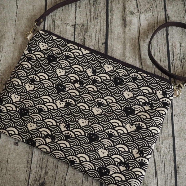 Japanese vintage wave and cat pattern, Zipper Sling Bag, shoulder bag, cross body bag