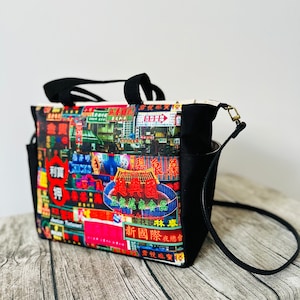 Hong Kong Vintage Neon Night Shoulder Bag Handbag with Adjustable Strap, Handmade gift for cultural lover
