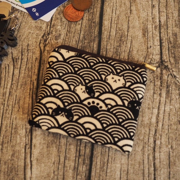 Porte-monnaie zippé fait main. porte-cartes, pochette pour clés, trousse, avec motif chat japonais