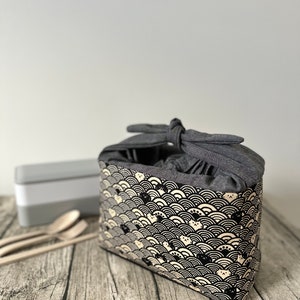 Japanese Black Wave Cute Cat Lunchbox Bento bag, with Unique Bow Handle, personalised gift with Name Embroidery