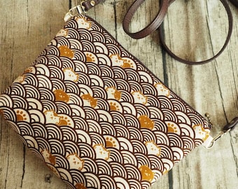 Japanese Cat Wave Crossbody Bag: Embroidered Linen Shoulder Bag