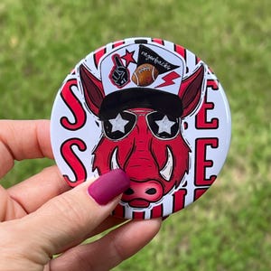 May include: White button with a red and white striped background. A cartoon pig wearing a black and white baseball cap with a red star and the word "Razorbacks" on it. The pig is wearing sunglasses with white stars. The words "S.S.E.E" are written in red on the button.