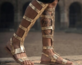 Gold Leather Gladiator Sandals, Knee Length, stage Costume footwear barefoot festival shoes, gladiators for men Roman Larp Cosplay