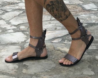 Winged leather gladiator sandals for men, ankle high, summer boots, Greek Roman theatrical festival party sandals Cosplay