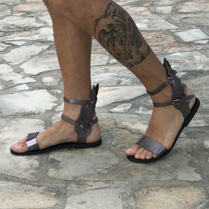 Winged leather gladiator sandals for men, ankle high, summer boots, Greek Roman theatrical festival party sandals Cosplay