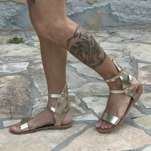Gold gladiator ankle cuff sandals with wings man stylish statement summer shoes, open toe Roman costume cosplay LARP Greek God Mercury