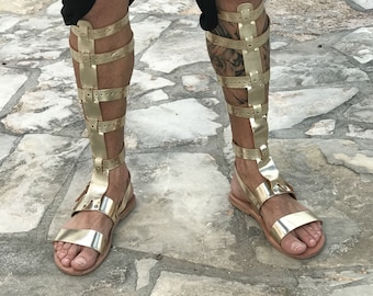 gladiator sandals for men gold knee length tall gladiator leather sandals, Greek Roman theatrical medieval costume sandals Cosplay