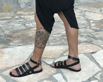 mens leather sandals with ankle strap, black leather sandals, strap sandals, Greek Roman cosplay unusual