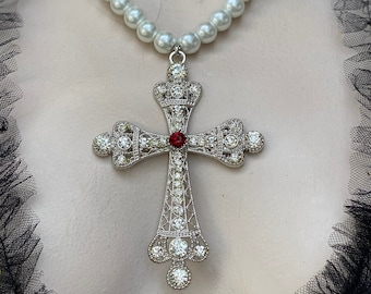 Renaissance cross necklace Baroque Cross pendant with pearl chain historical pearl necklace Tudor jewellery bridal cross necklace