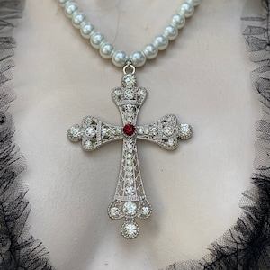 Renaissance cross necklace Baroque Cross pendant with pearl chain historical pearl necklace Tudor jewellery bridal cross necklace