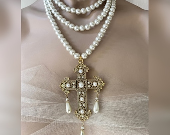 Multistrand pearl necklace, Baroque cross necklace, Christian pearl necklace, Baroque jewellery, Renaissance jewellery, Rococo necklace