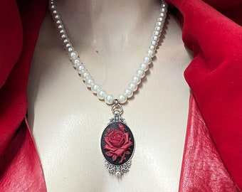 cameo pearl necklace, red rose pearl necklace , cameo rose necklace, red Gothic rose, rose necklace, flower necklace, white glass pearls