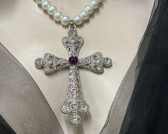 Collier croix tendance, chaîne de perles de mariage pendentif croix baroque, collier pendentif croix en cristal, collier croix de mariage avec chaîne de perles