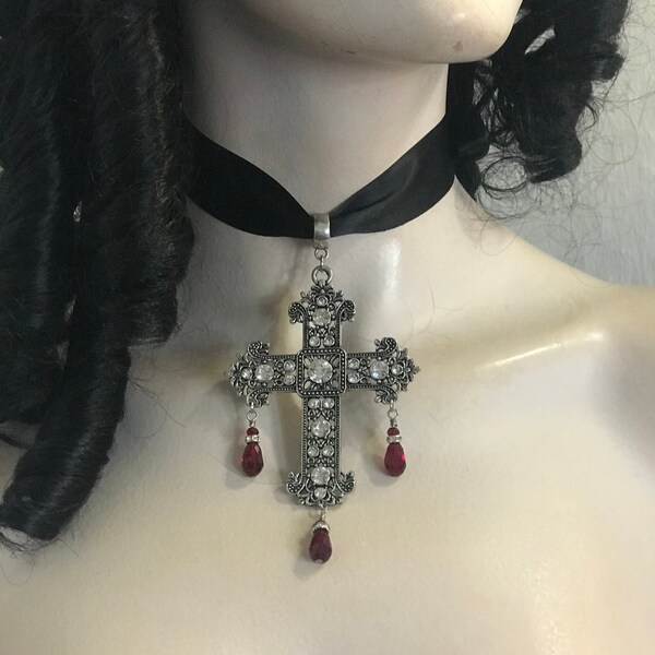 Gothic Renaissance cross necklace on satin ribbon, large cross choker necklace, Silver Baroque Cross Necklace