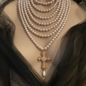 Multi strand pearl necklace, pearl necklace with cross, multi strand bridal statement necklace with cross, baroque cross pearl necklace