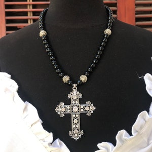 black pearl chain necklace with Gothic Renaissance cross large cross pendant necklace,  Goth Renaissance cross necklace