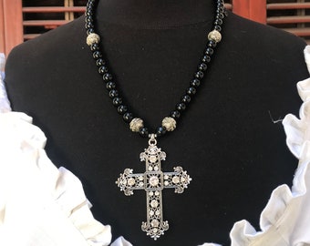 large cross pendant necklace, filigree cross necklace, Gothic Renaissance cross necklace, Victorian cross pendant, Baroque cross pendant