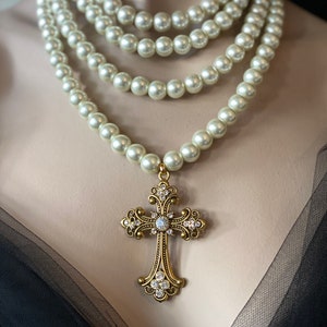 Pearl cross necklace, pearl bib cross necklace Baroque cross necklace, layered pearl necklace, Renaissance necklace, Rococo necklace