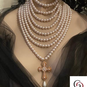 Multi strand pearl necklace, pearl necklace with cross, multi strand bridal statement necklace with cross, baroque cross pearl necklace