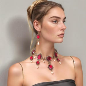 Red cabochon chandelier necklace matching earrings Demi parure red cabochon drop pearls bowknot choker necklace Rococo Marie Antoinette