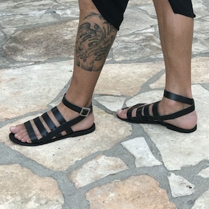 mens leather sandals with ankle strap, MENS gladiator sandals ankle strap black leather sandals, strap sandals, Greek Roman cosplay unusual