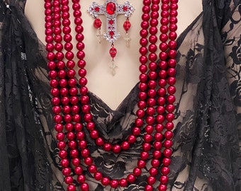 Collana Gotica Con Perle A Più File E Croce | Gioiello Vintage/Emo Per Donna, Multistrato E Scomponibile - 3