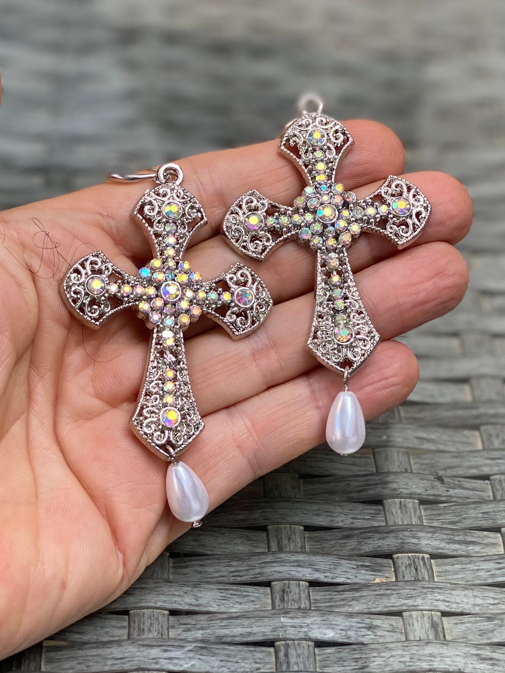 Baroque Cross Earrings, Cross Earrings With Drop Pearls Large
