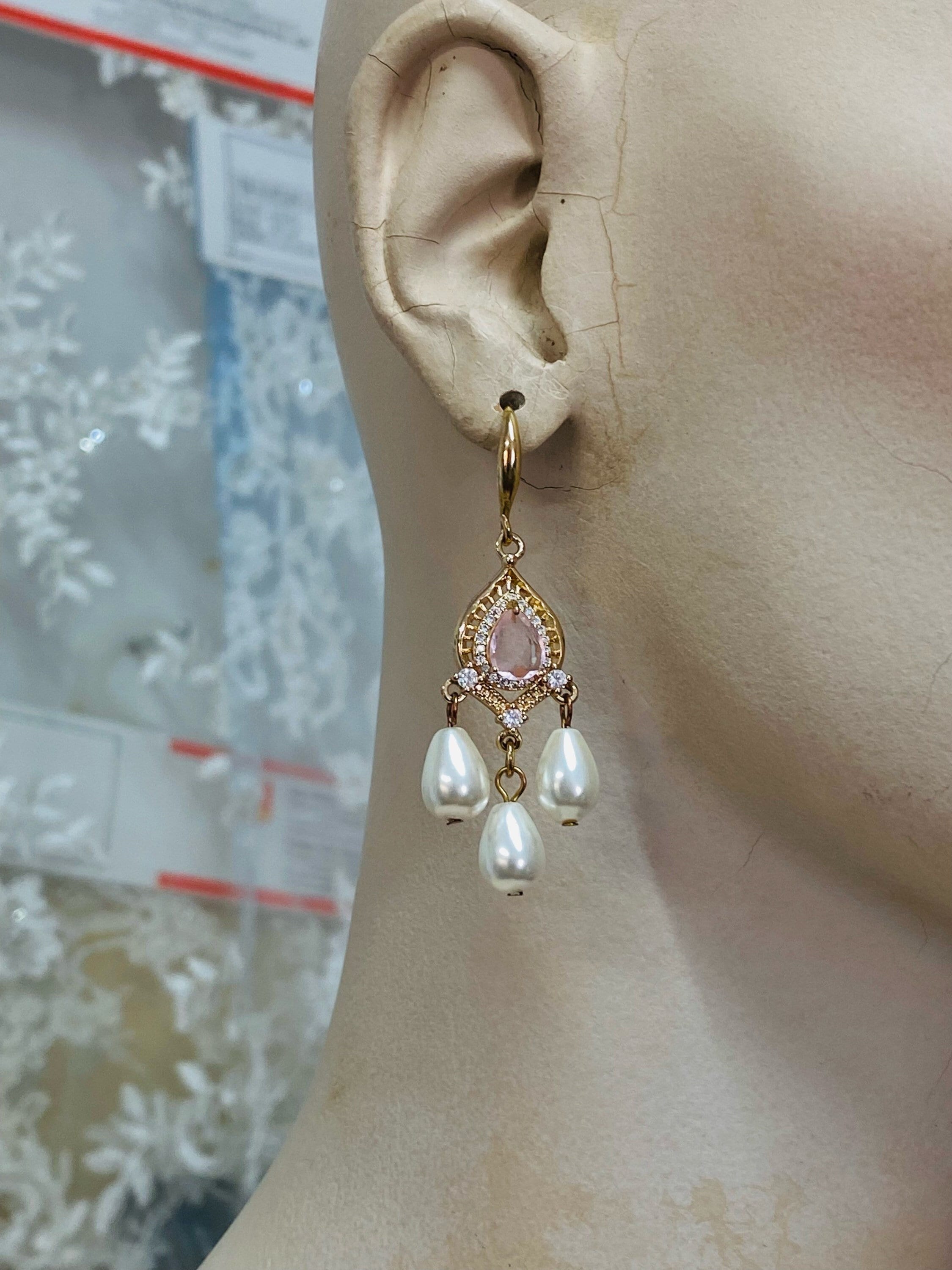 Bridal Chandelier Earrings Renaissance Tudor Style Pearl