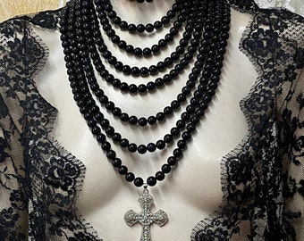 Multi Layer Black Pearl Necklace With Cross, Goth Wedding