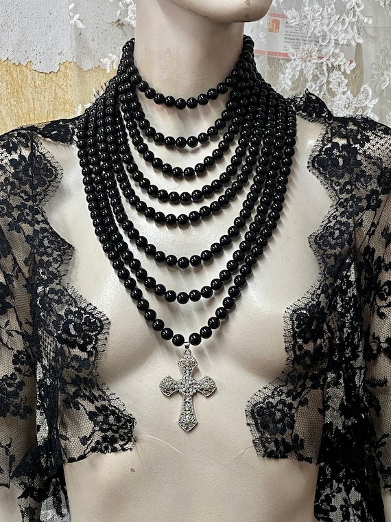 Multi Layer Black Pearl Necklace With Cross, Goth Wedding