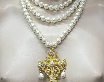 Layered Perlen Choker Halskette, Barock Strass Kreuz